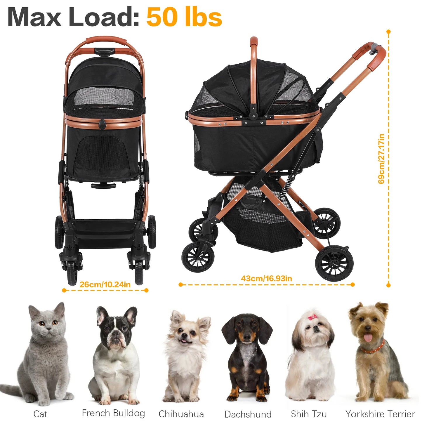 Folding Stroller All Terrain 4 Wheels Puppy Cage Jogger Stroller with Detachable Carrier with Sun Shades for Large & Medium Dogs