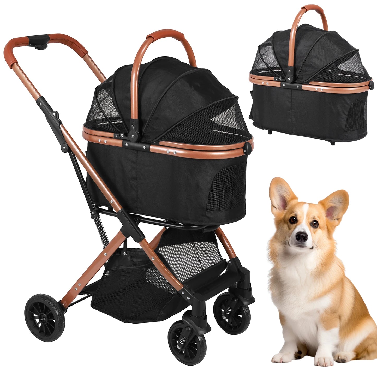 Folding Stroller All Terrain 4 Wheels Puppy Cage Jogger Stroller with Detachable Carrier with Sun Shades for Large & Medium Dogs