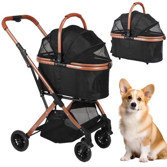 Folding Stroller All Terrain 4 Wheels Puppy Cage Jogger Stroller with Detachable Carrier with Sun Shades for Large & Medium Dogs