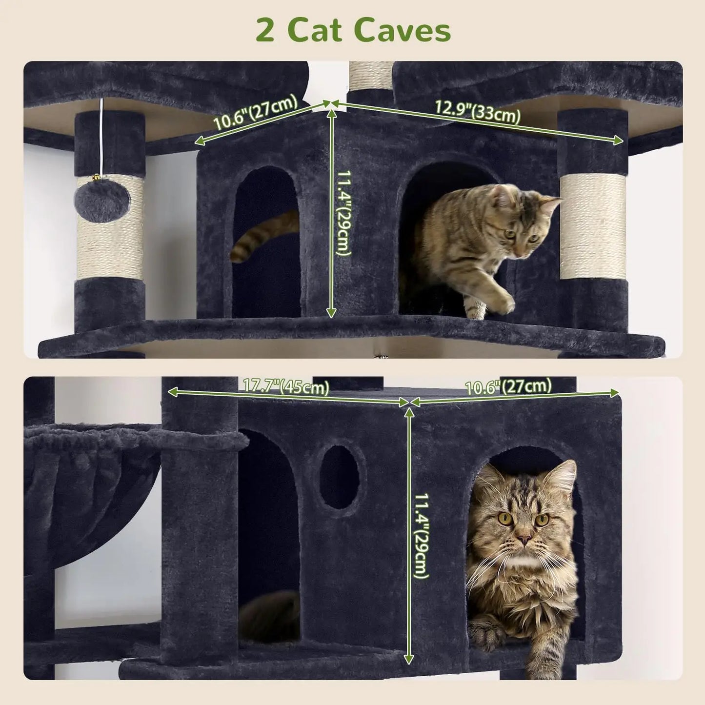 82-Inch Tall Cat Tree Tower for Multiple Adult Cats with Scratching Posts, Perches, Condos and Hanging Baskets, Dark Grey