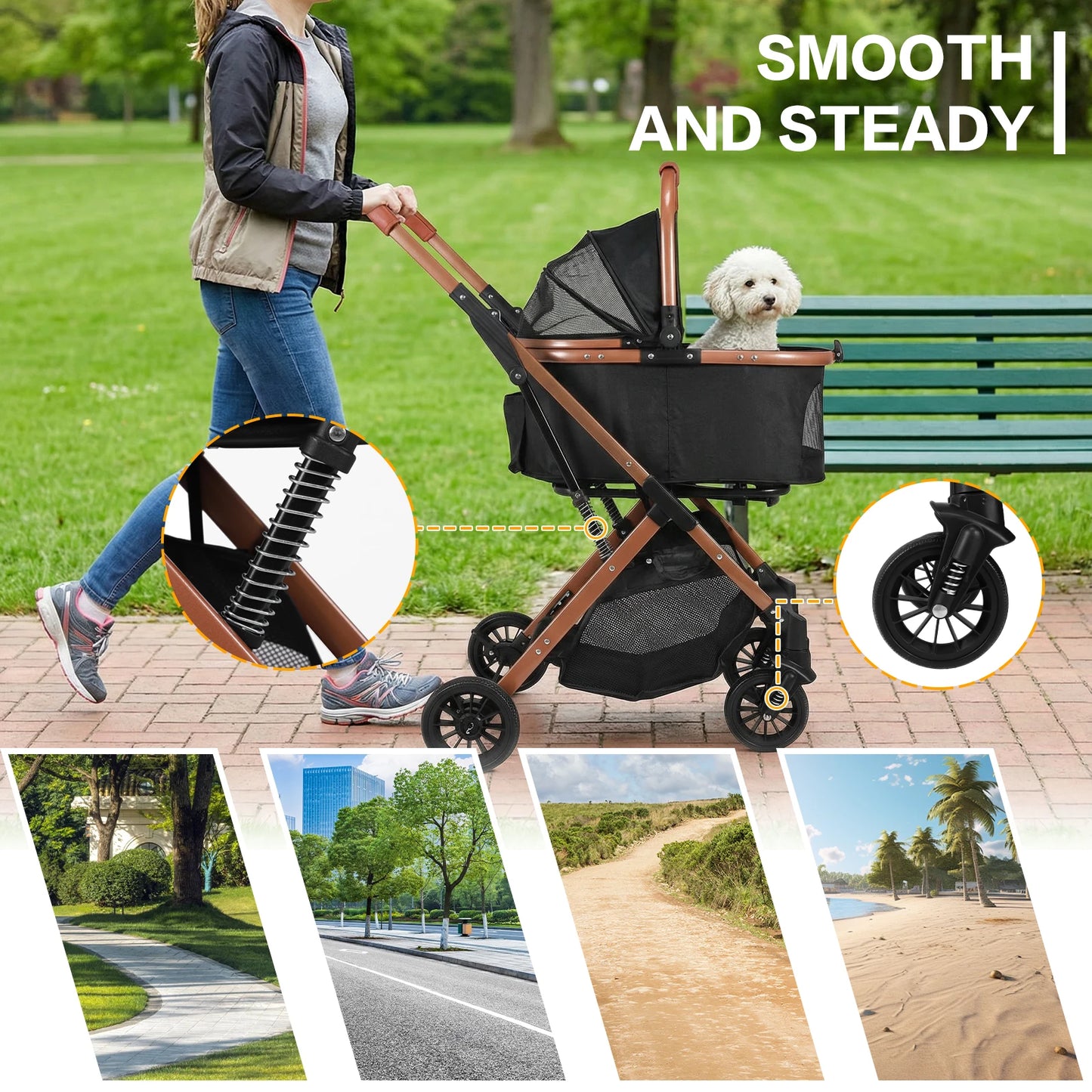 Folding Stroller All Terrain 4 Wheels Puppy Cage Jogger Stroller with Detachable Carrier with Sun Shades for Large & Medium Dogs