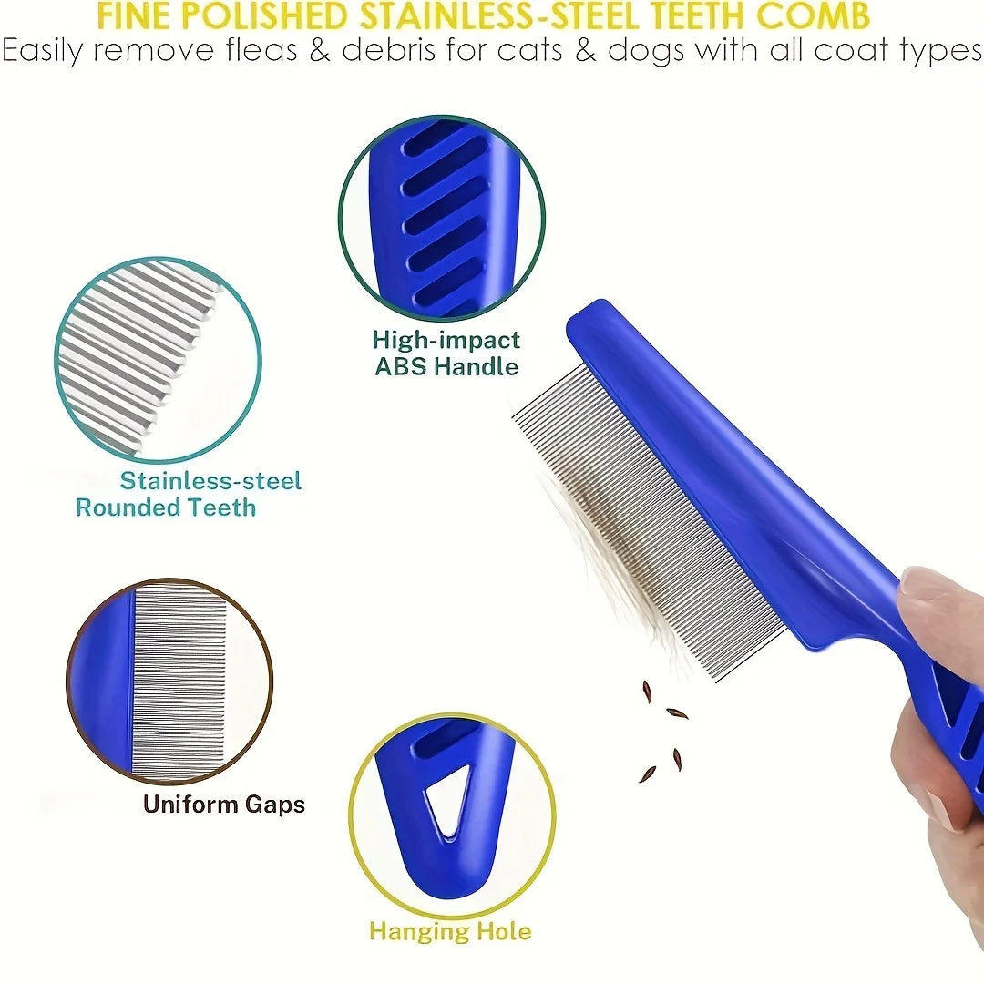 Pack of 4 Flea and Lice Combs, Stainless Steel Rabbit Dog Cat Grooming Comb with Round Teeth, Double-sided Professional Pet Tear