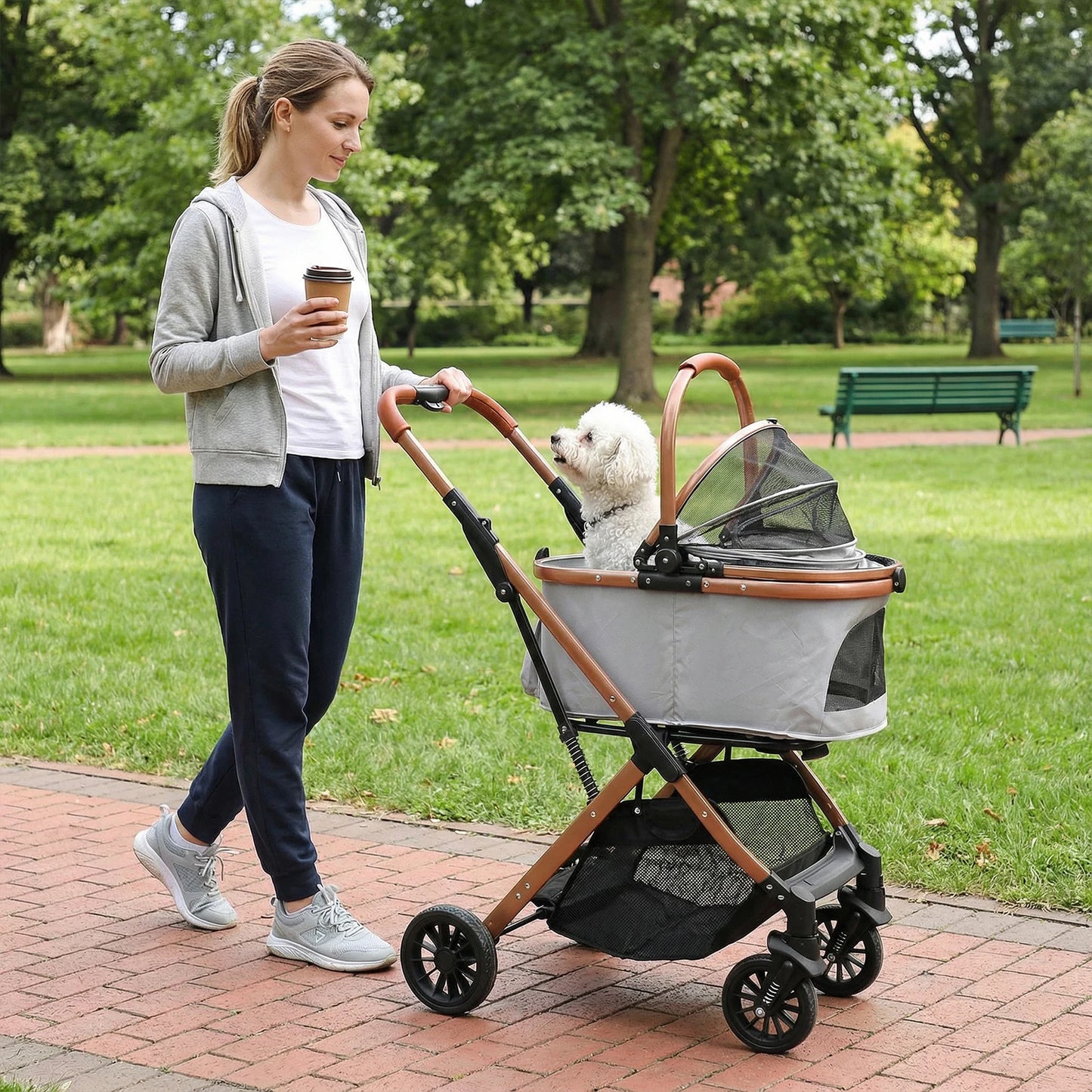 Folding Stroller All Terrain 4 Wheels Puppy Cage Jogger Stroller with Detachable Carrier with Sun Shades for Large & Medium Dogs